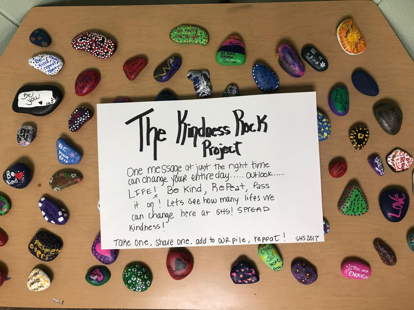 Kindness rocks displayed in Rm. 139 on Sep. 30. The rocks have been distributed throughout the school as an act of kindness. 