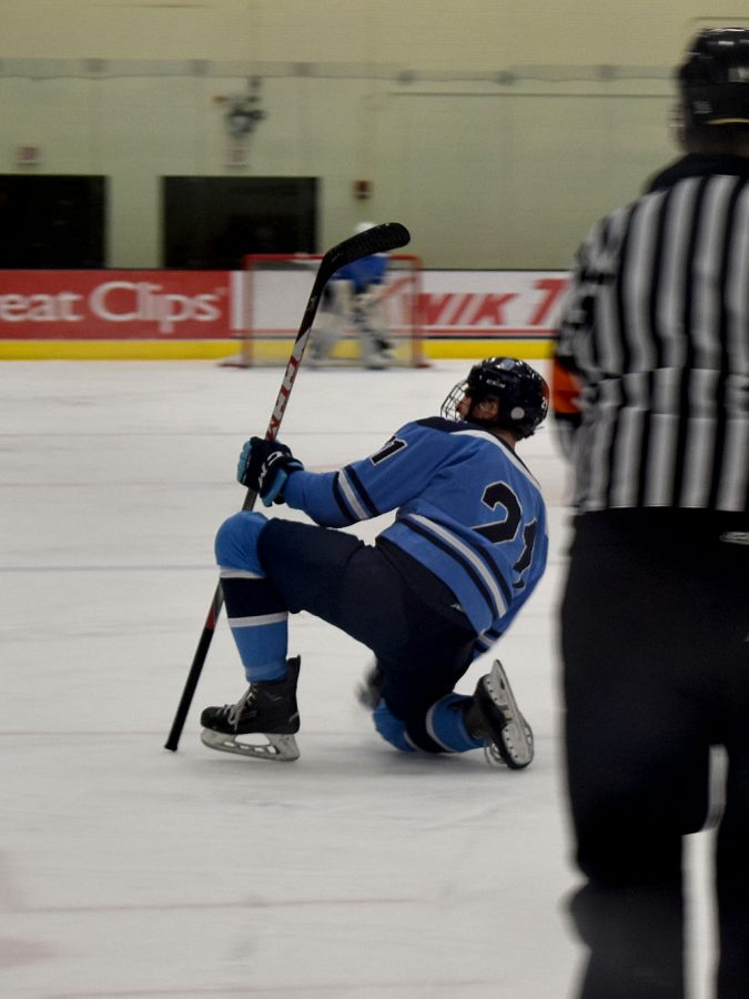 Junior Trevor Dalbec celebrates after his goal at 14:41 in the second period on Feb. 20 at Wessman Arena. Superior beat New Richmond 4-3 in double overtime and will move on to play Hudson in the section final game. 
