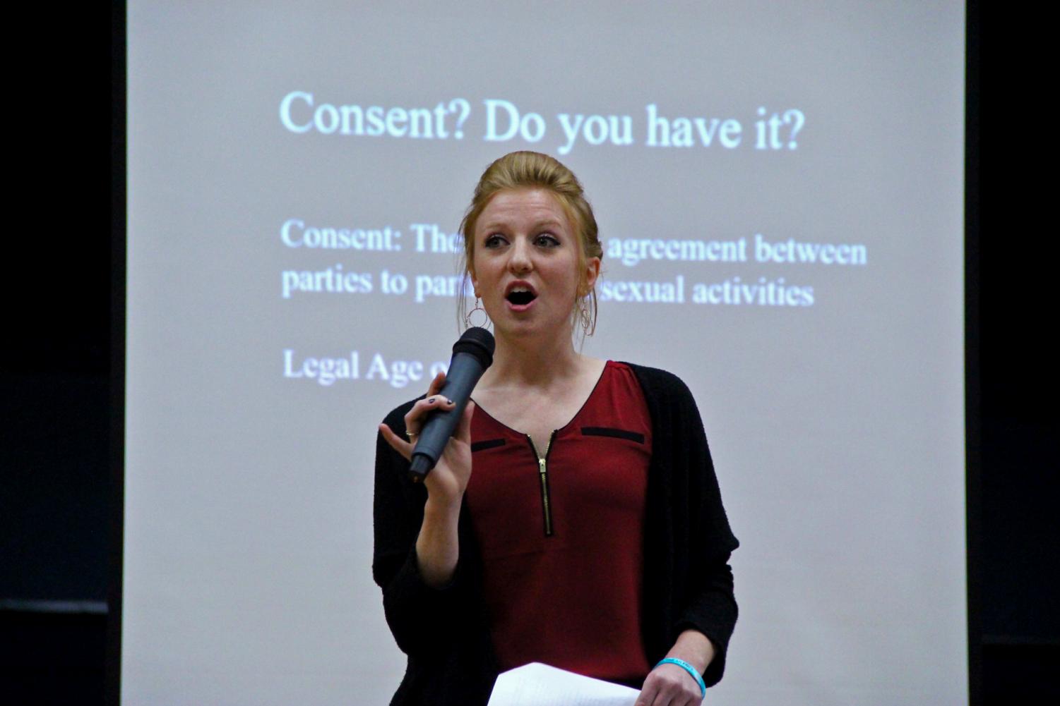 Speaker Sydney Mastey, Center Against Sexual and Domestic Abuse volunteer, talks to upperclassmen on April 19 during Lunch and Learn B in the high school gym.