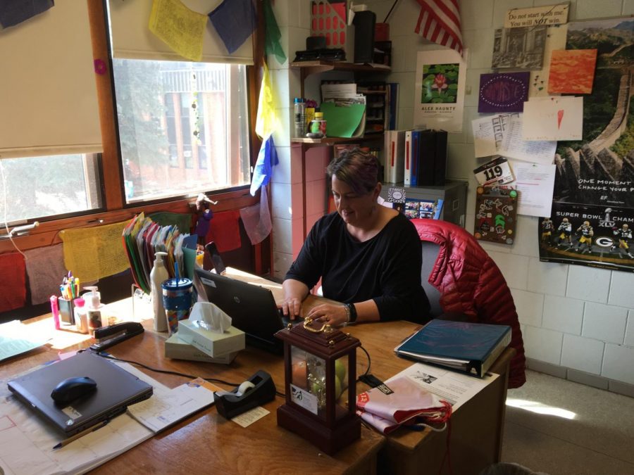 Special Education teacher Shawna Anderson working at her desk in room 229 on Fri April 20. 