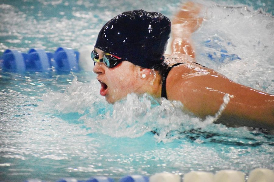 Junior Cambria Tinsley swims the butterfly leg of the 200 Medley Relay event at Thursday’s swim meet against Two Harbors.