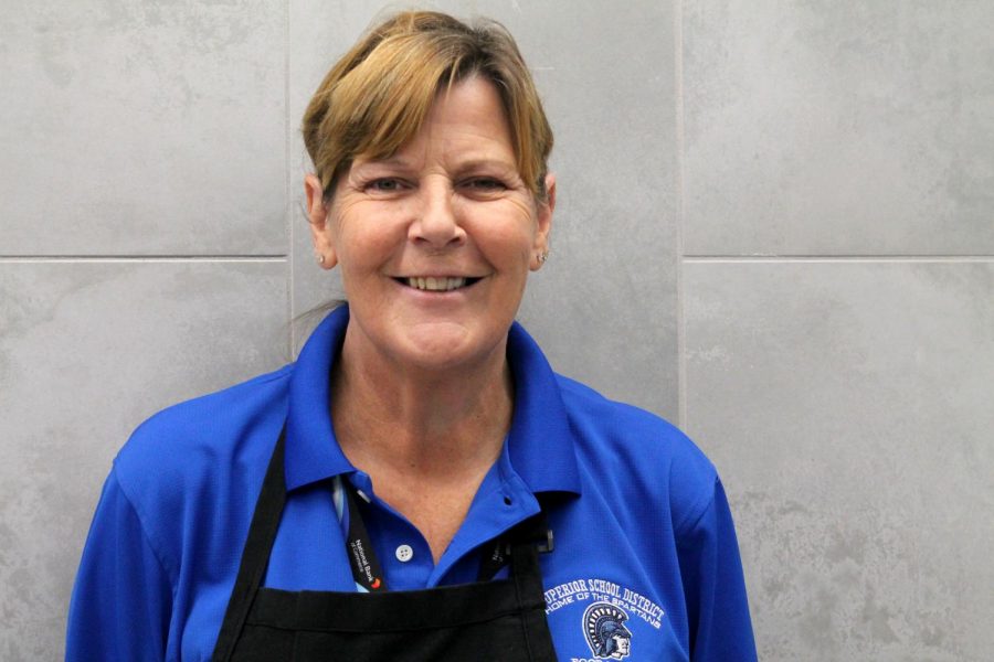 Lunchroom staff member, Kym Nepper, poses inside SHS cafeteria  on Oct.22.