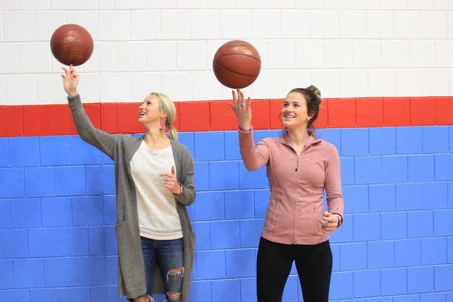 Seniors Chloe Kintop (left) and Maddy Myer twirl their basketballs in the gymnasium on Nov 16. Myer and Kintop are both part of the basketball team.
