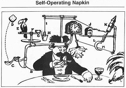 This cartoon features Rube Goldberg and his Self-Operating Napkin.