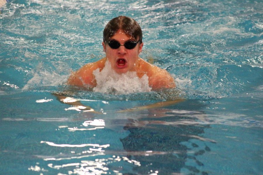 Senior captain Nate Peterson swims the 100 yard breaststroke, finishing in third place in the Superior Natatorium on Jan. 8. Mesabi East, won by 105-55. 
