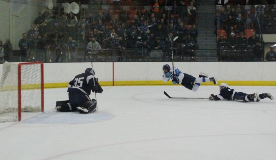 Junior Kobe Hansen attempts a shot on goal late in the first OT period against Hudson in the WIAA Section 1 final at Wessman Arena tonight. Hudson defeated Superior 2-1 in double OT, advancing to the State Tournament and ending the season for Superior.
