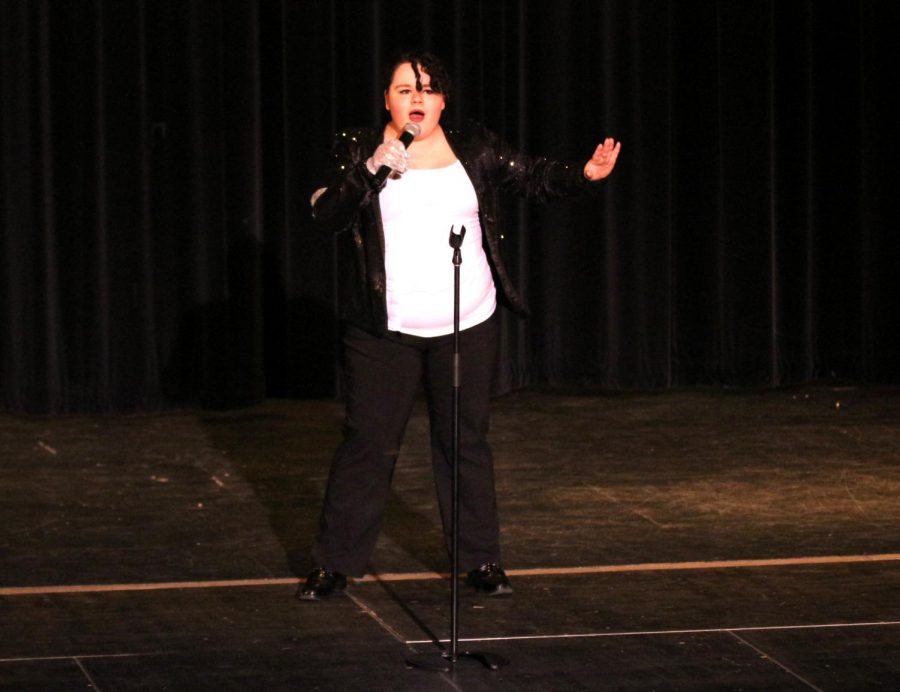 Sophomore Sydney Wanek performs a medley of Michael Jackson at the Pledgemaker’s talent show in the PAC on April 24. 