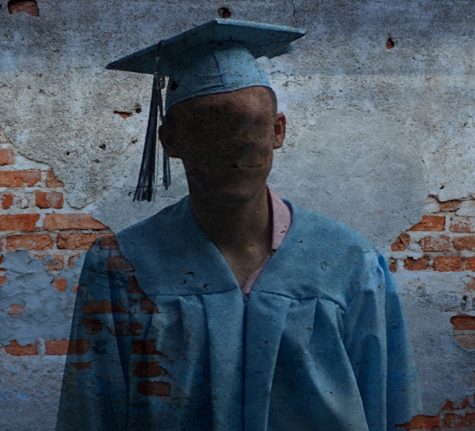 A SHS-graduate with his face blurred symbolizes the faceless hardship of students left behind by their school-system, the drop-out.