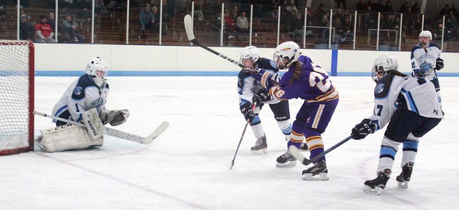  Goalie junior Katrina Casper (1) blocks the puck from entering Superiors goal, as sophomore Emily Berka (14) and Ashtyn Schneberger(28) battle to score on Jan. 7 at the Superior Ice Arena. The Spartans lost to Cloquet-Esko-Carlton 7-0. 