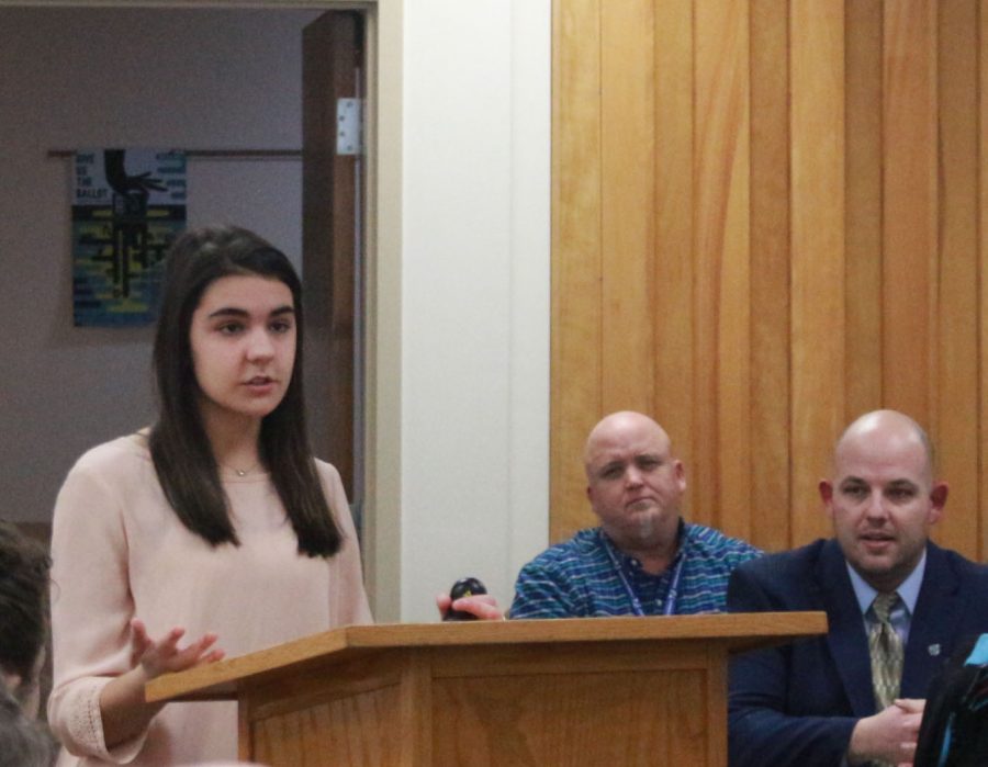  Senior Hannah Dudsic speaks in front of the Superior Board regarding senior project changes on Feb.3. The board office decision is still pending, if approved the changes to the senior projects would be made fr the first time in 15 years.
