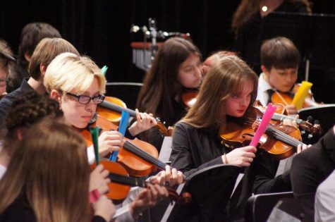 Middle school student Matthew Youngberg (left) and senior Lindsey Olson (right) perform Ear-igami.