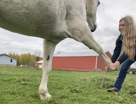 Junior Jocelyn Dolsen on her family farm in South Range, WI, working with her horse Ruby on stretches to help her legs and to better her health. 