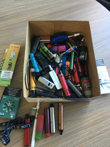 A box full of vapes that have been confiscated from students at SHS. 76 out of 251 students who responded to a survey indicated that they have vaped at some point.