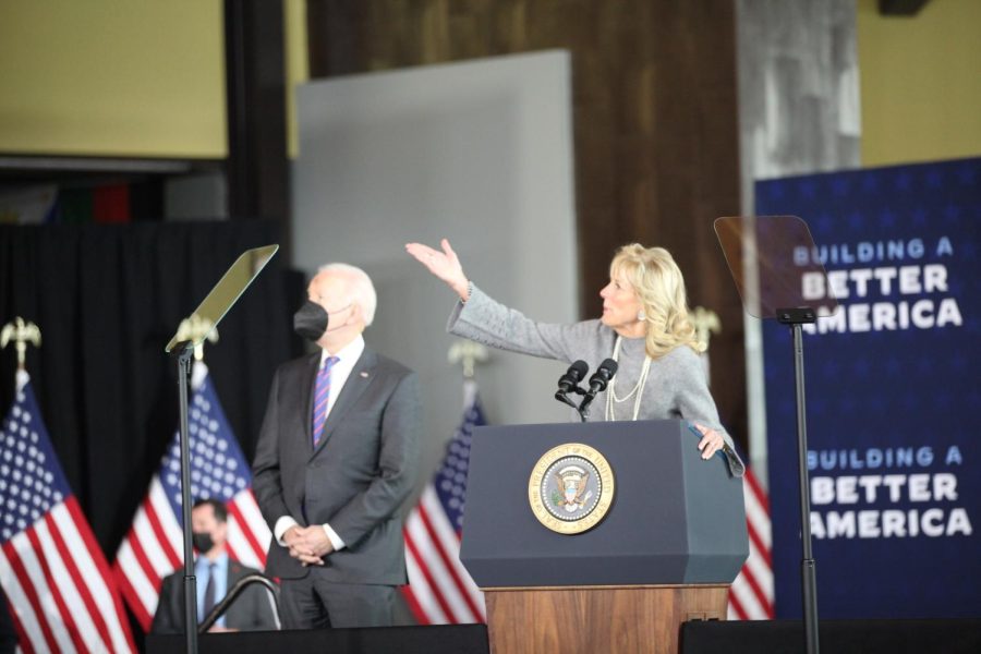First+Lady+Dr.+Jill+Biden+acknowledges+Superior+High+Schools+band+on+Wednesday%2C+March+2%2C+at+the+Yellowjacket+Union+prior+to+President+Joe+Biden+speaking.+President+Biden+was+in+town+to+speak+about+local+infrastructure+projects+funded+by+his+Bipartisan+Infrastructure+Bill.