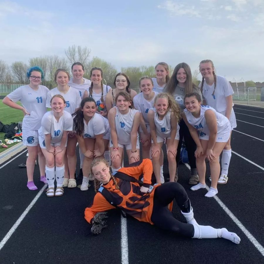 The+Girls+JV+soccer+team+poses+for+a+photo.+The+JV+squad+won+two+games+during+the+2022+Season