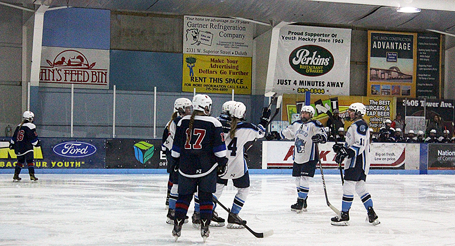 The girls hockey team all skate towards each other in enjoyment after scoring a goal on Nov. 19, 2022.