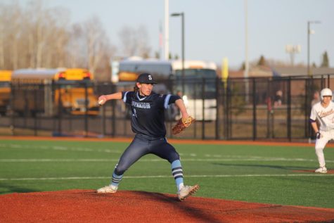 Senior Hayden Smith pitching the ball during his game against the Cloquet Lumberjacks on Apr. 18, 2023.  