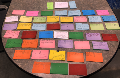 Note cards from advisories laid out on Jane Larsons table March 31, 2023. 
