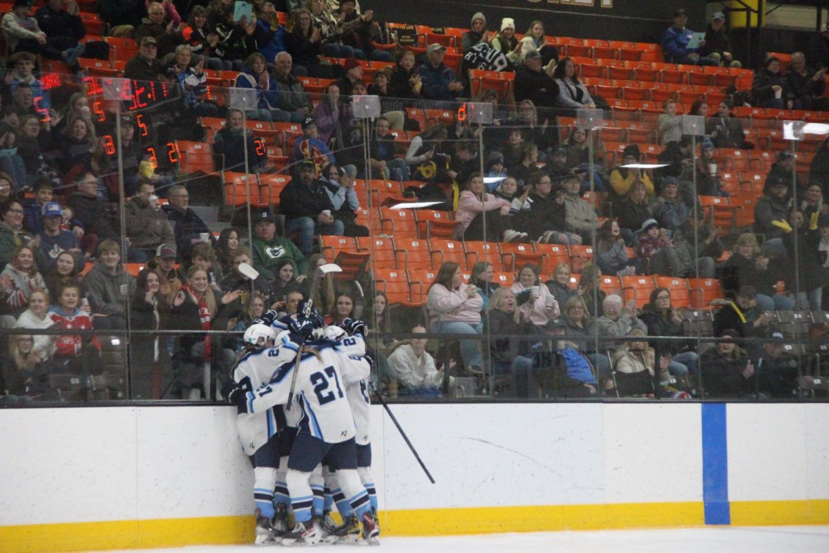 Spartans celebrate a goal in front of the student section at Wesman arena on Feb, 10, 2024. Senior Autumn Cooper scored her second of three goals in the second period. 