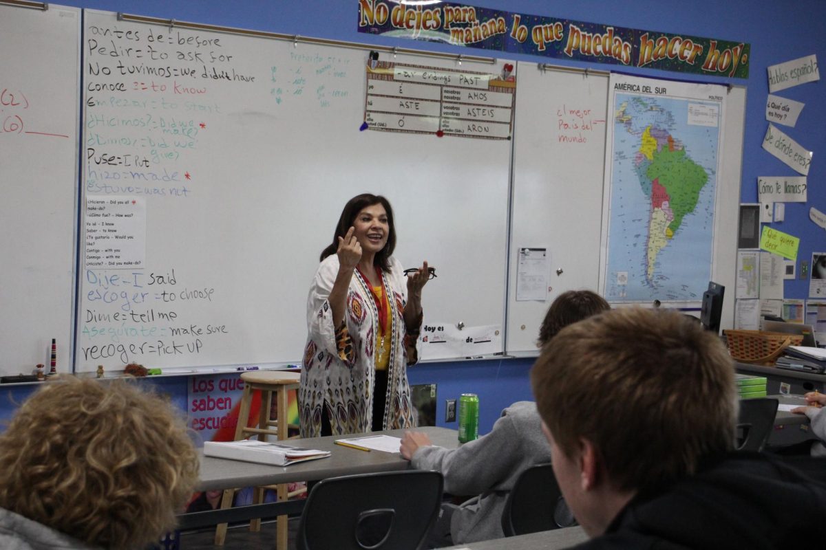 Spanish teacher Señora Valley teaches Spanish during 5th hour in her classroom on Tuesday, May 28.