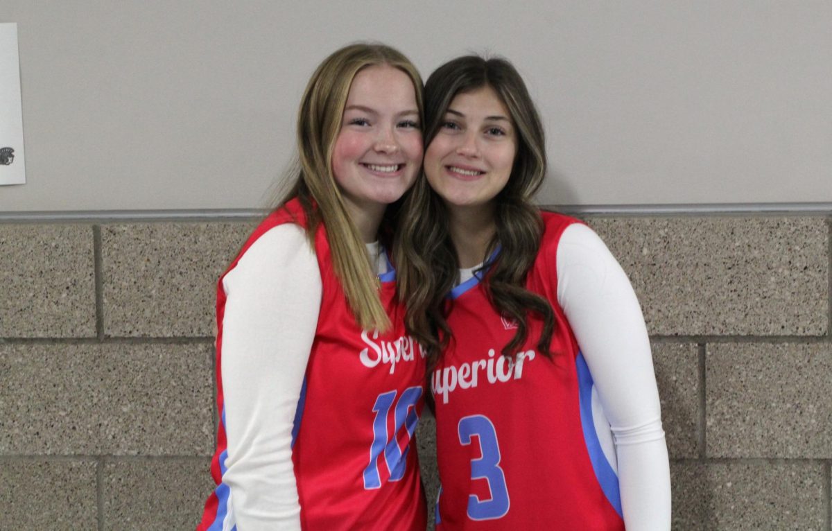 Varsity Volleyball players Aubrey Kubarek (left) and Faith Colby (right) pose in their pink jerseys in the hallway on the third floor. Today (Oct. 3) the Volleyball team hosts Cloquet for their annual Dig Pink game, which is a breast cancer awareness fundraiser.