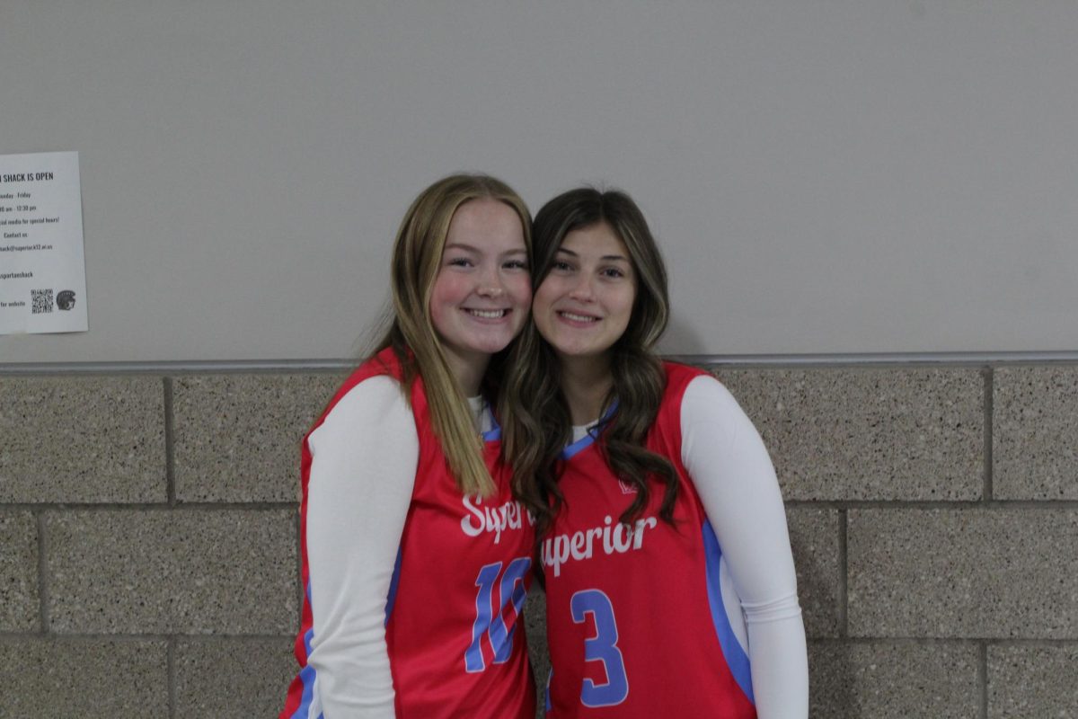 Varsity volleyball players Aubrey Kubarek (left) and Faith Colby (right) pose in their pink jerseys in the hallway on the third floor. Today (Oct. 3) the volleyball team hosts Cloquet for their annual Dig Pink game, which is a breast cancer awareness fundraiser. (Leo Drougas/Landon Anrig)


