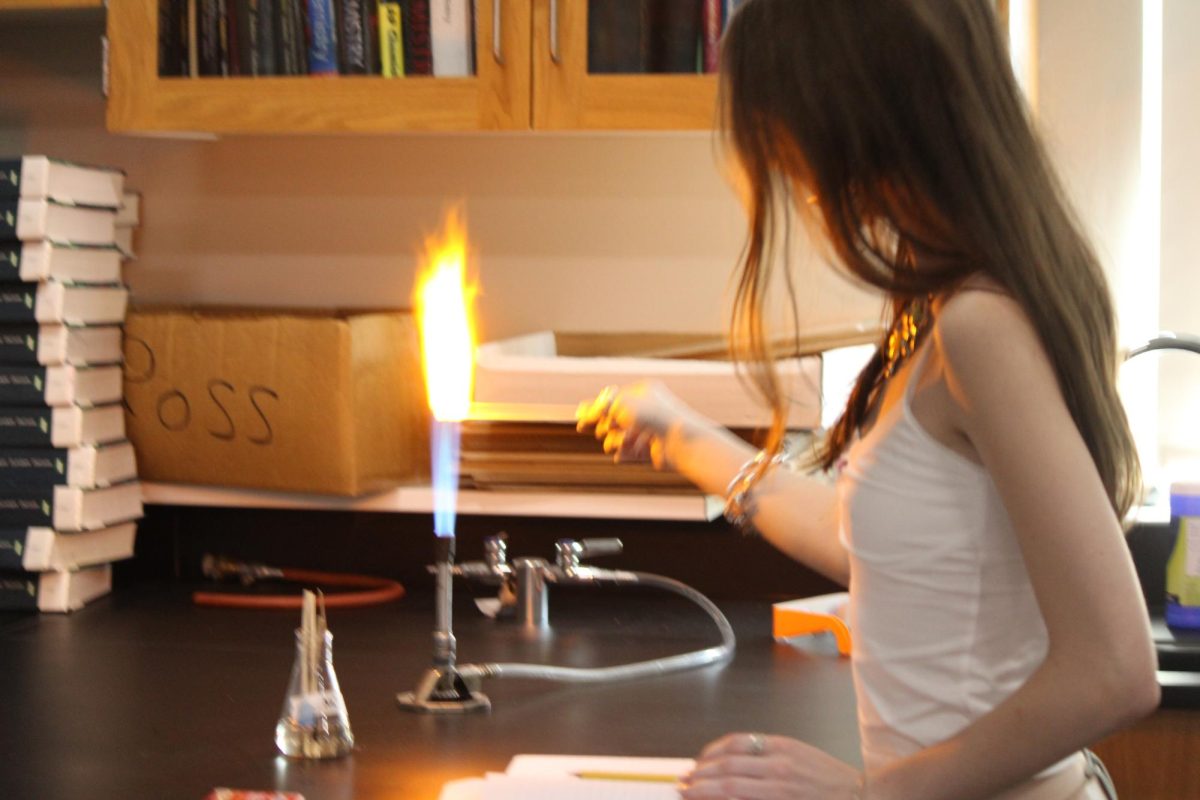 Junior Layke Lokken lights a flame on the bunsen burner in class Oct. 21.
Photo taken by: Kylie Green
