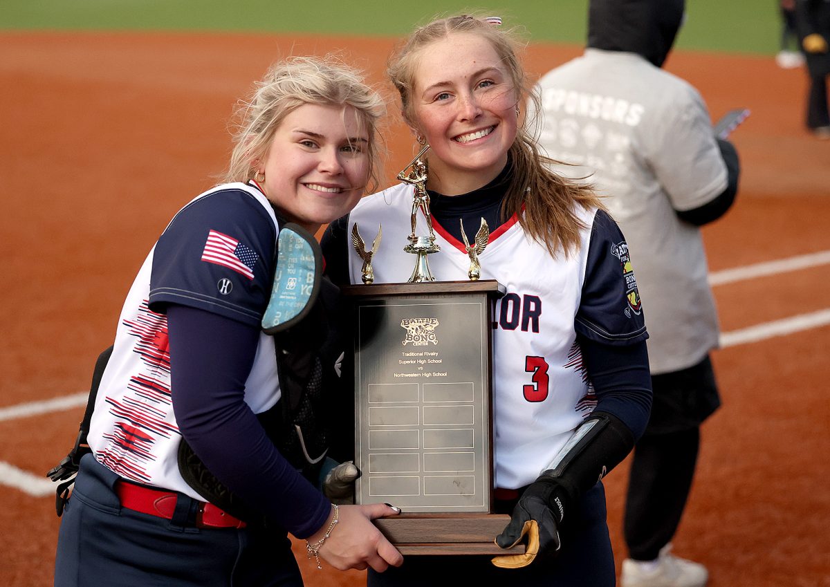 Ariana Robillard (right) and Paige Johnsonm(left) pose with the Battle for the Bong trophy on May 19th 2025. 
Photo submitted by Jed Carlson
