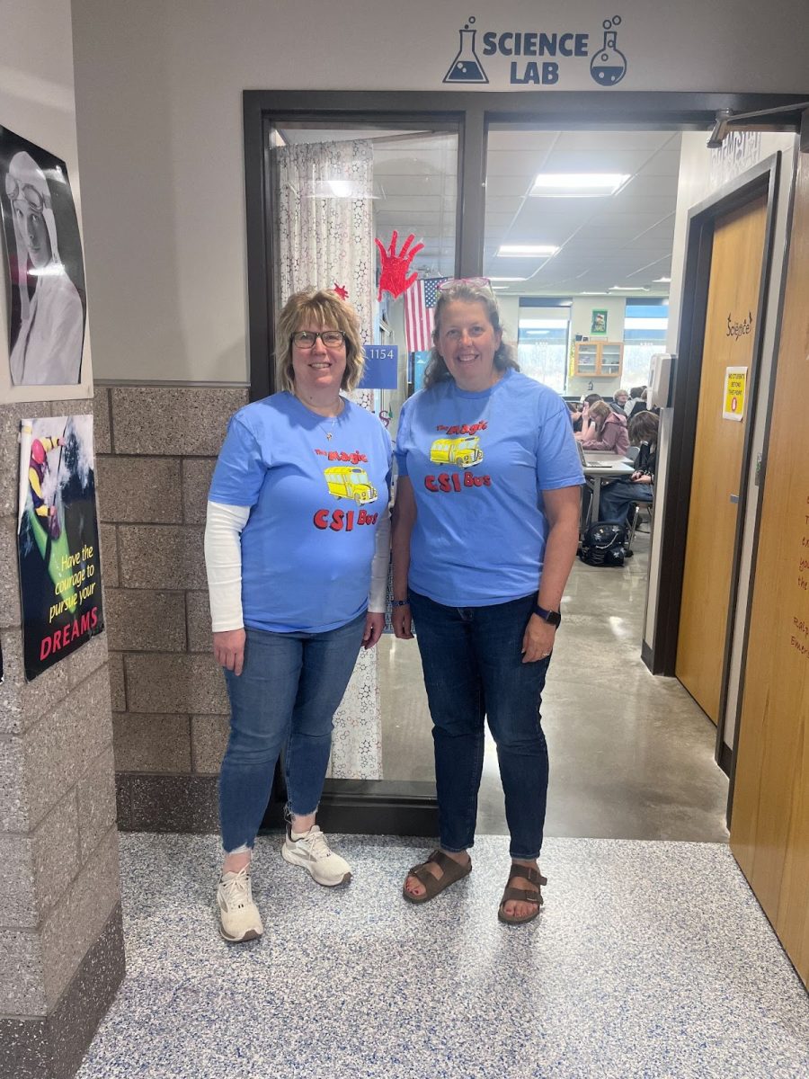 Science teachers Kendra Zupke and Angela Johnson smile for twin day during spirit week on May 8. Spirit week was created as a way to promote school spirit across the school district.