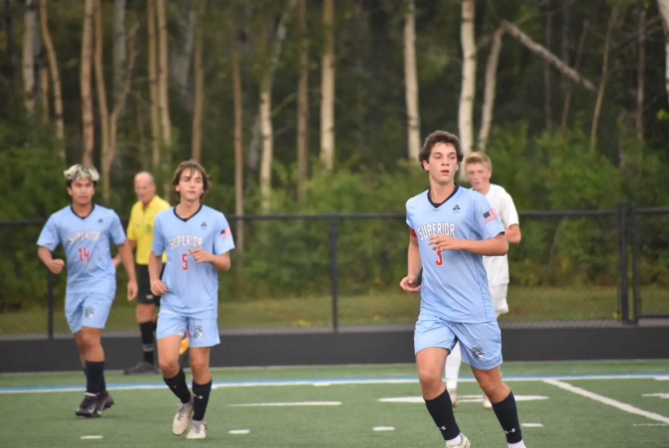 Captain Marc Pagnucci (3) and sophomore Mannix James (5) watch the play unfold at a boys soccer game against the River Falls Wildcats on Sept. 9, 2025. Pagnucci sees himself as an “on the ball” player and tries to take action right away. 