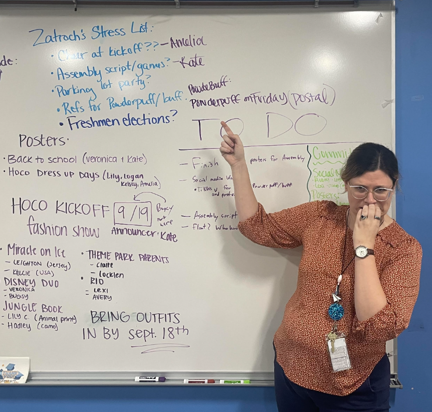 Student Council advisor Caitlin Zatroch stresses over her infamous stress list. Zatroch creates a to-do list to visualize everything for homecoming. In her class room, before homecoming. 