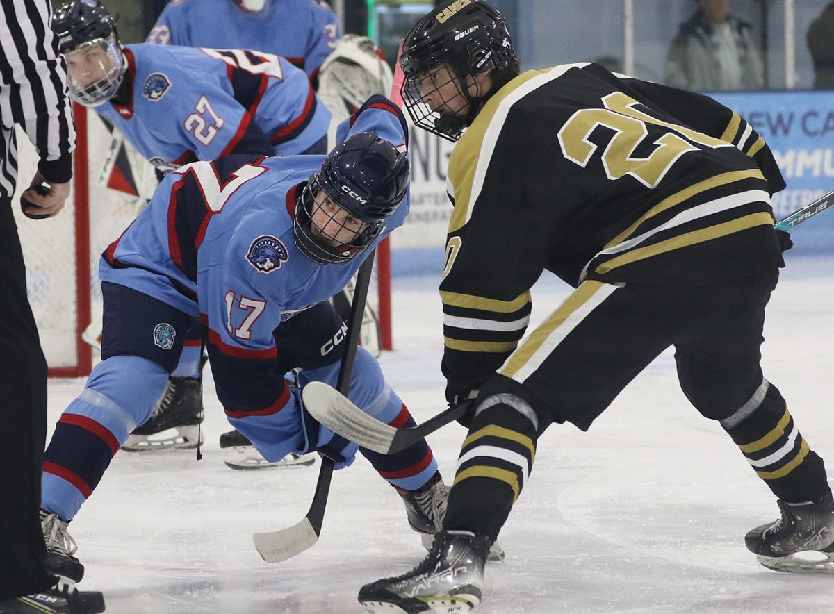 Freshman forward Ryan Nelson prepares to face off against Hayward’s #20 on Nov. 21, at SAHA. 
