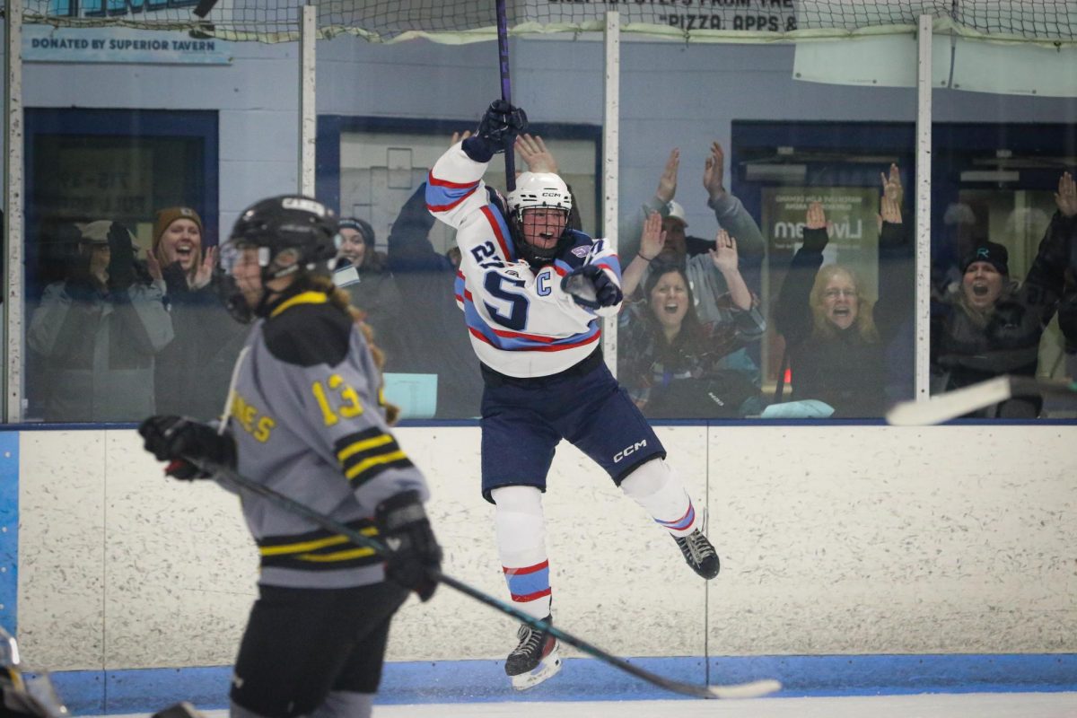 Senior captain Addy Benson jumps in excitement after scoring the game winning goal in the sectional semifinal game against Hayward on Feb. 24, 2026. 