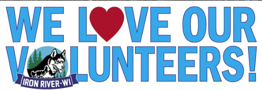 A graphic on the Northern Pines Sled Dog Race website encouraging people to volunteer for the race.