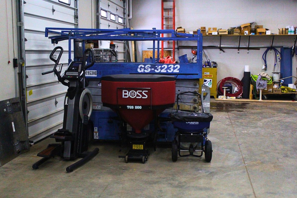 Back in the maintenance area, differing snow removal supplies are stored and ready for quick use when snow falls suddenly. 