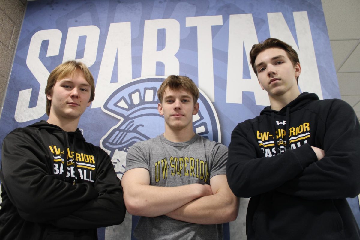 Seniors (left to right) Cam LaPorte, Jayce Rue, and Austin Edwards mean mug at Superior High School on Feb. 26th, 2026.