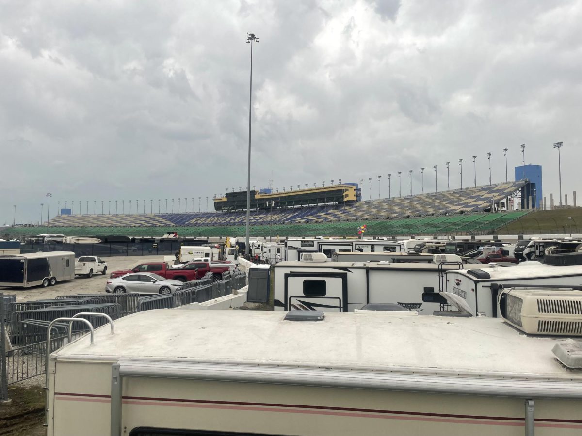 A view of the Kansas Speedway grandstands from atop of our camper in the turn four infield before a big storm hit. The storm would cancel practice and qualifying for the ARCA and O’Reilly series. April 17.
