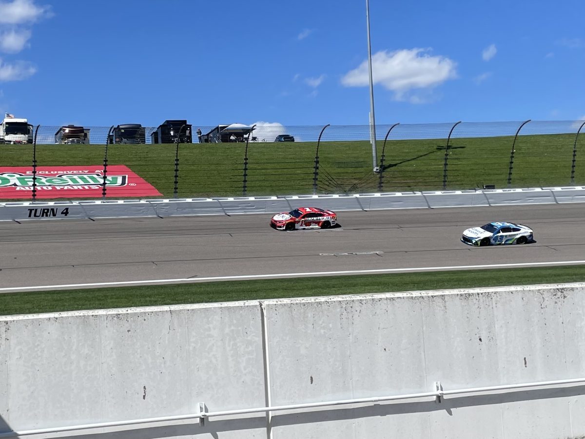 NASCAR Cup Series drivers Ross Chastain (#1) and Erik Jones (#43) drive around turn four, testing out their cars during Saturday's practice session. Chastain was 23rd fastest. Jones was 30th fastest. April 18.
