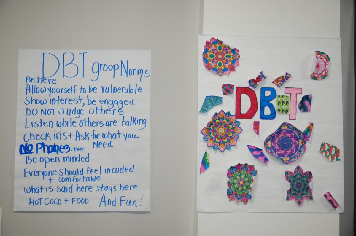 DBT group norm poster made by members (left), and a mandala coloring craft done by the group (right).